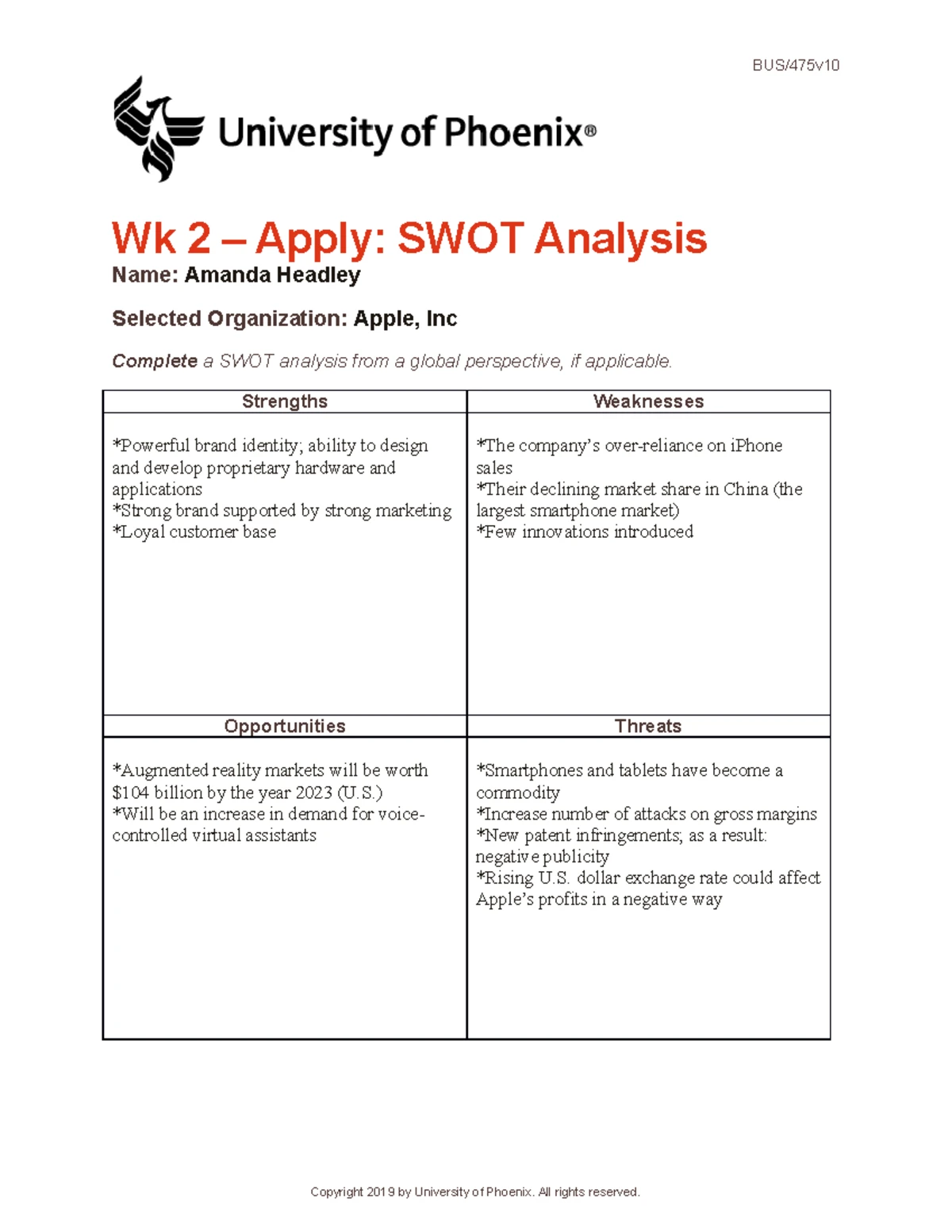 BUS/475 v12 Week 1: Degree of Alignment Analysis for Apple