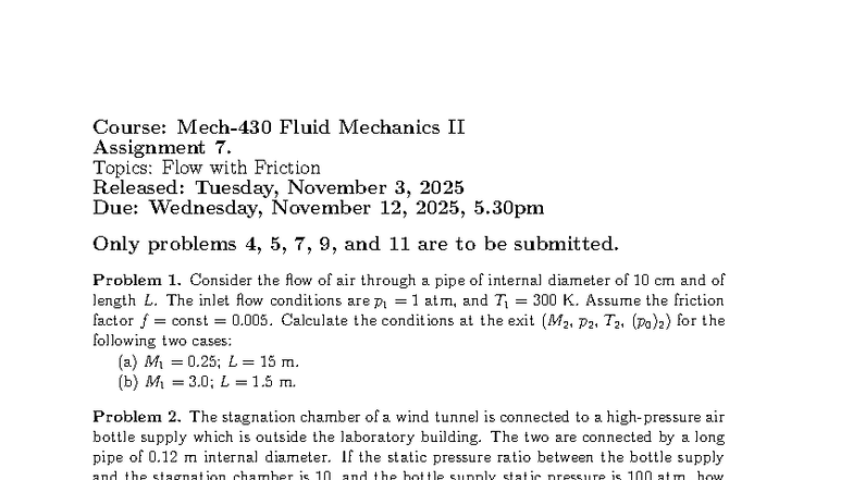 Assignment 7: Fluid Mechanics II (MECH 430) - Flow with Friction - Studocu