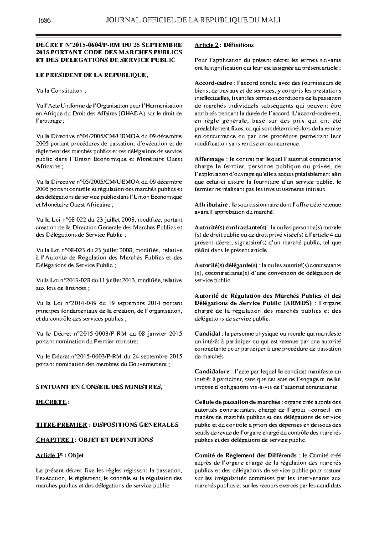 Décret N°2015-0604/P-RM: Code des Marchés Publics du Mali - Studocu