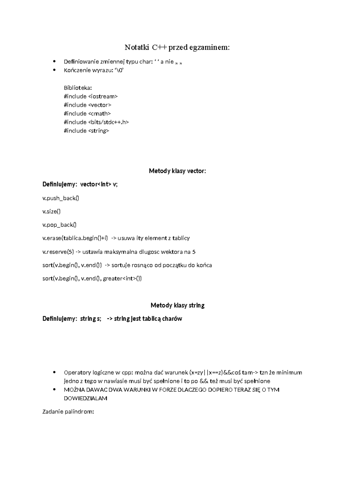 Notatki przed egzaminem: C++ - Zmienne, Metody i Operatory - Studocu