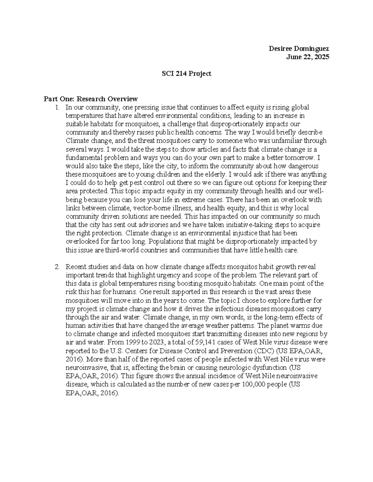 SCI 214 Module Four Project Draft: Climate Change & Mosquito Impact ...