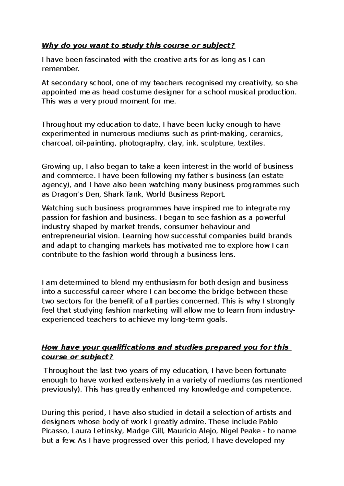 Personal Statement Draft 4 - Fashion Marketing Course Application - Studocu