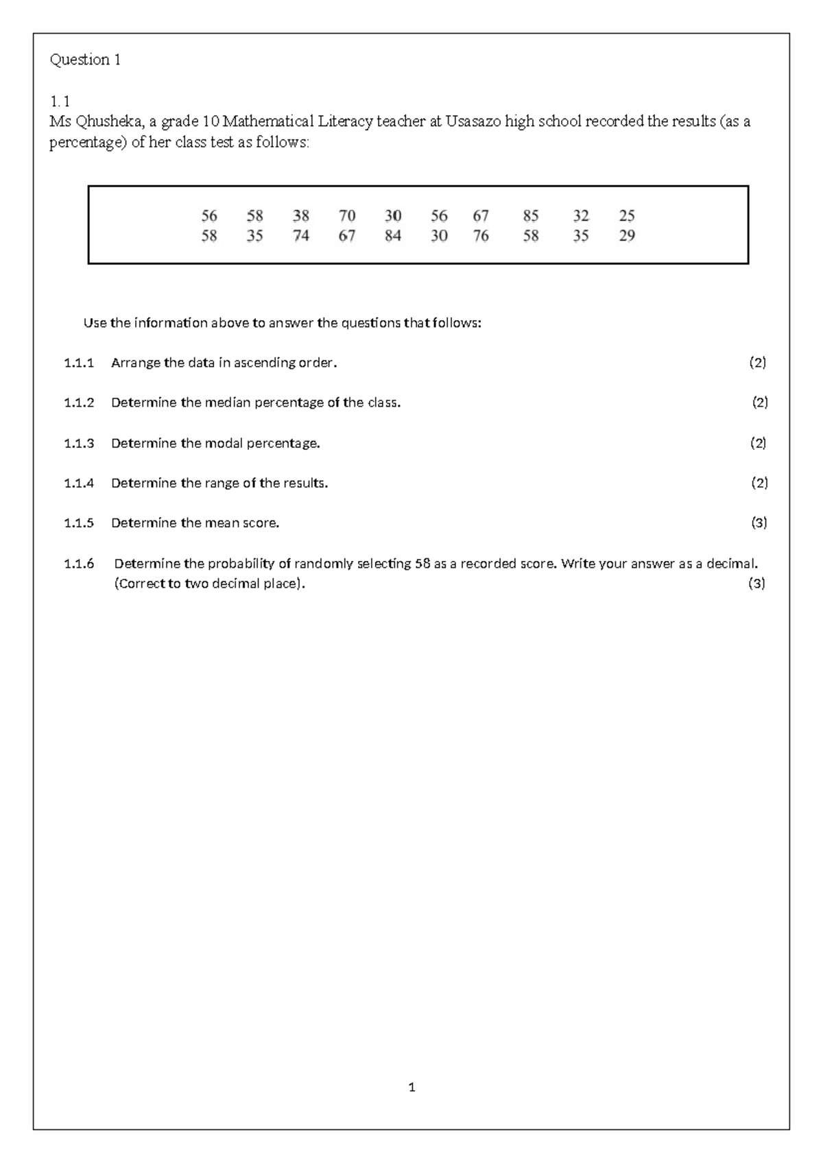 Maths Literacy Paper 2 - this can be used as a test. - Question 1 1. Ms ...