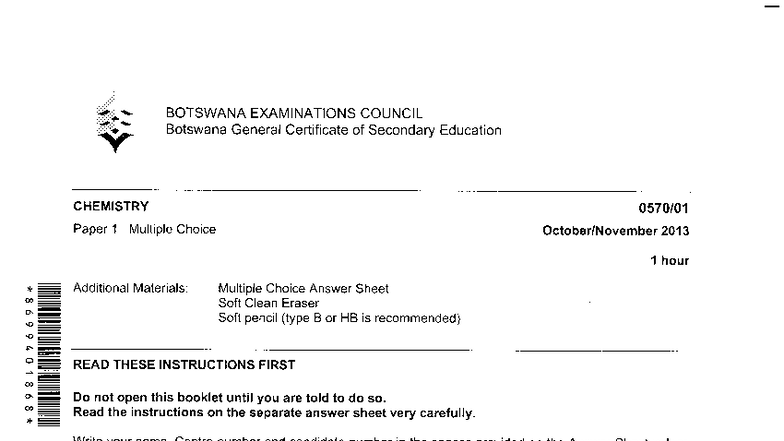 BGCSE CHEMISTRY Paper 1 Multiple Choice Exam 2013 - Studocu