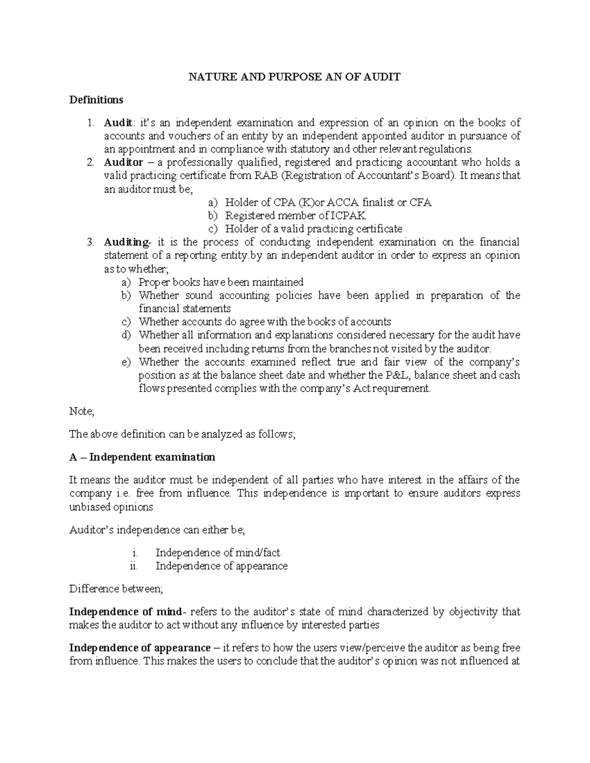 Nature and Purpose of an Audit - NATURE AND PURPOSE AN OF AUDIT ...