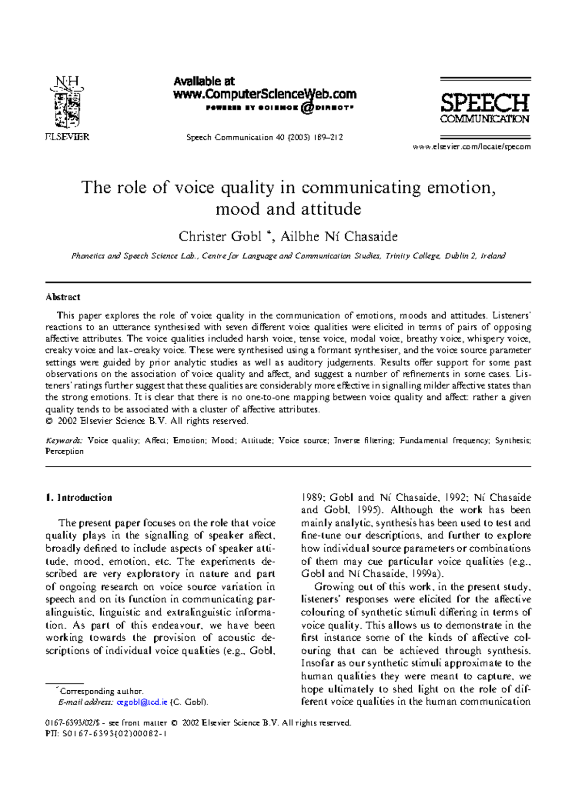 Speech Communication 40 (2003) - Voice Quality's Impact on Emotion and ...