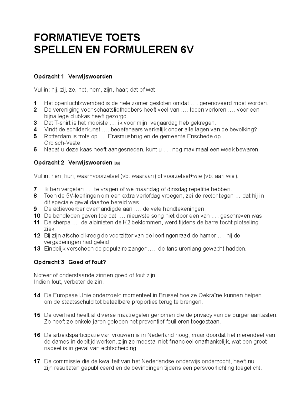 Formatieve Toets Nederlands 6V: Verwijswoorden en Zinsconstructies ...