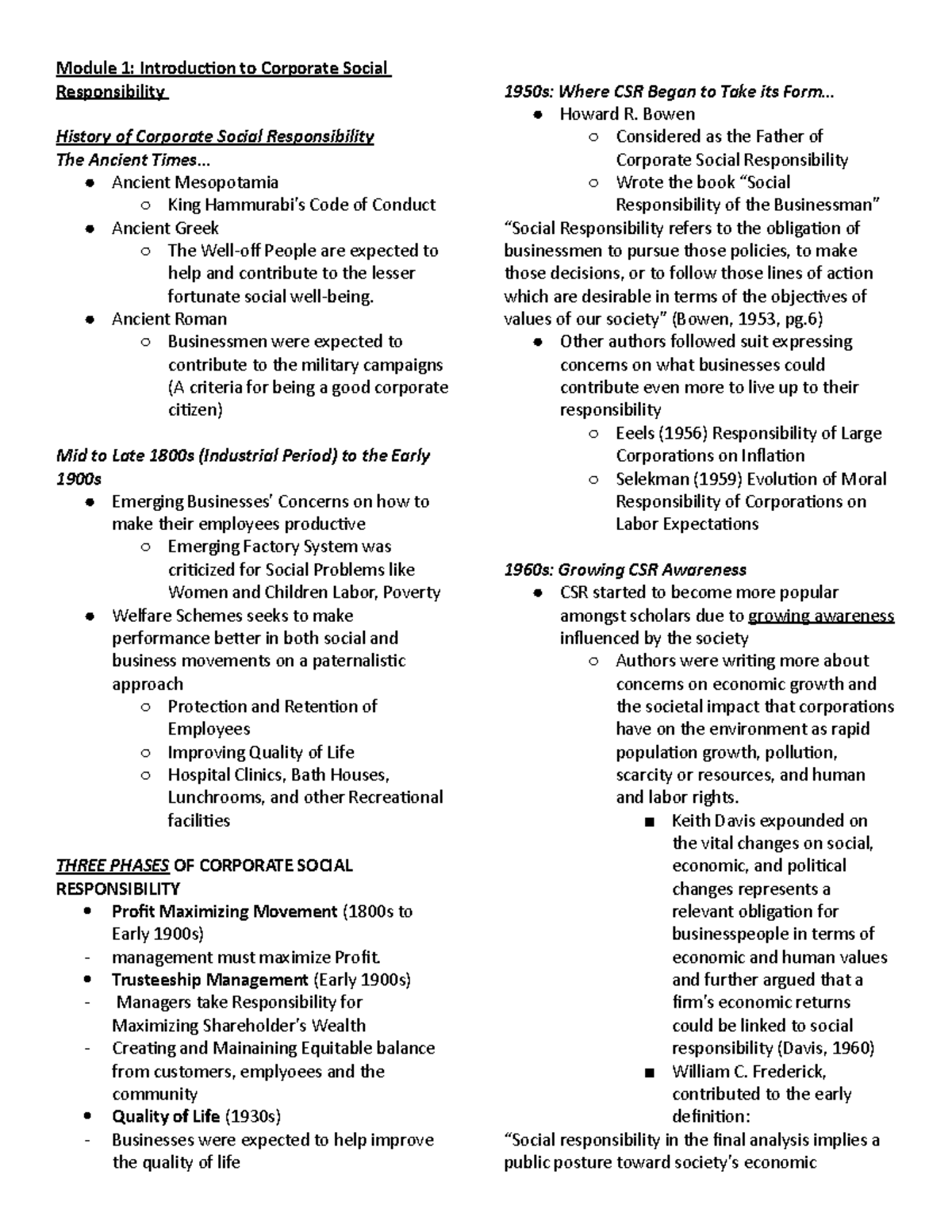 Module 1 - Overview of Corporate Social Responsibility History - Studocu