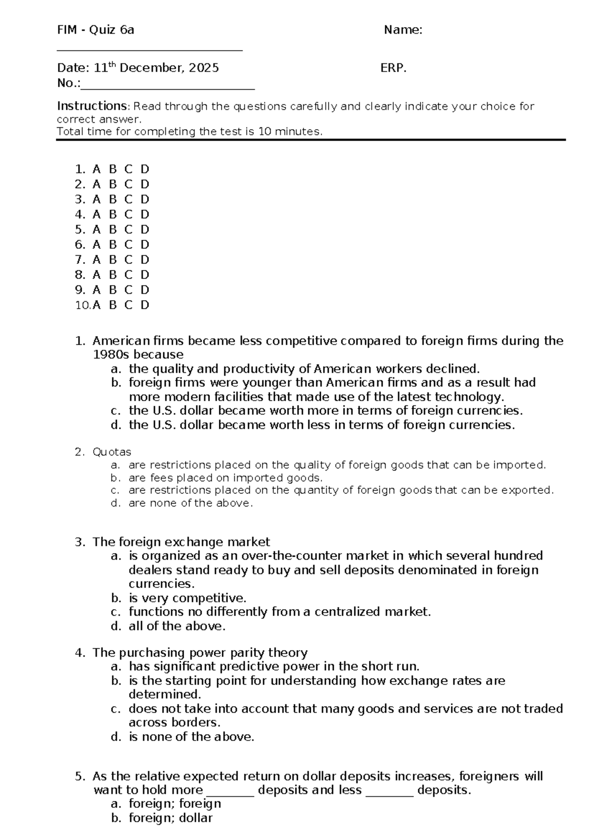FIM Quiz 6: ERP Test Questions and Instructions - Studocu