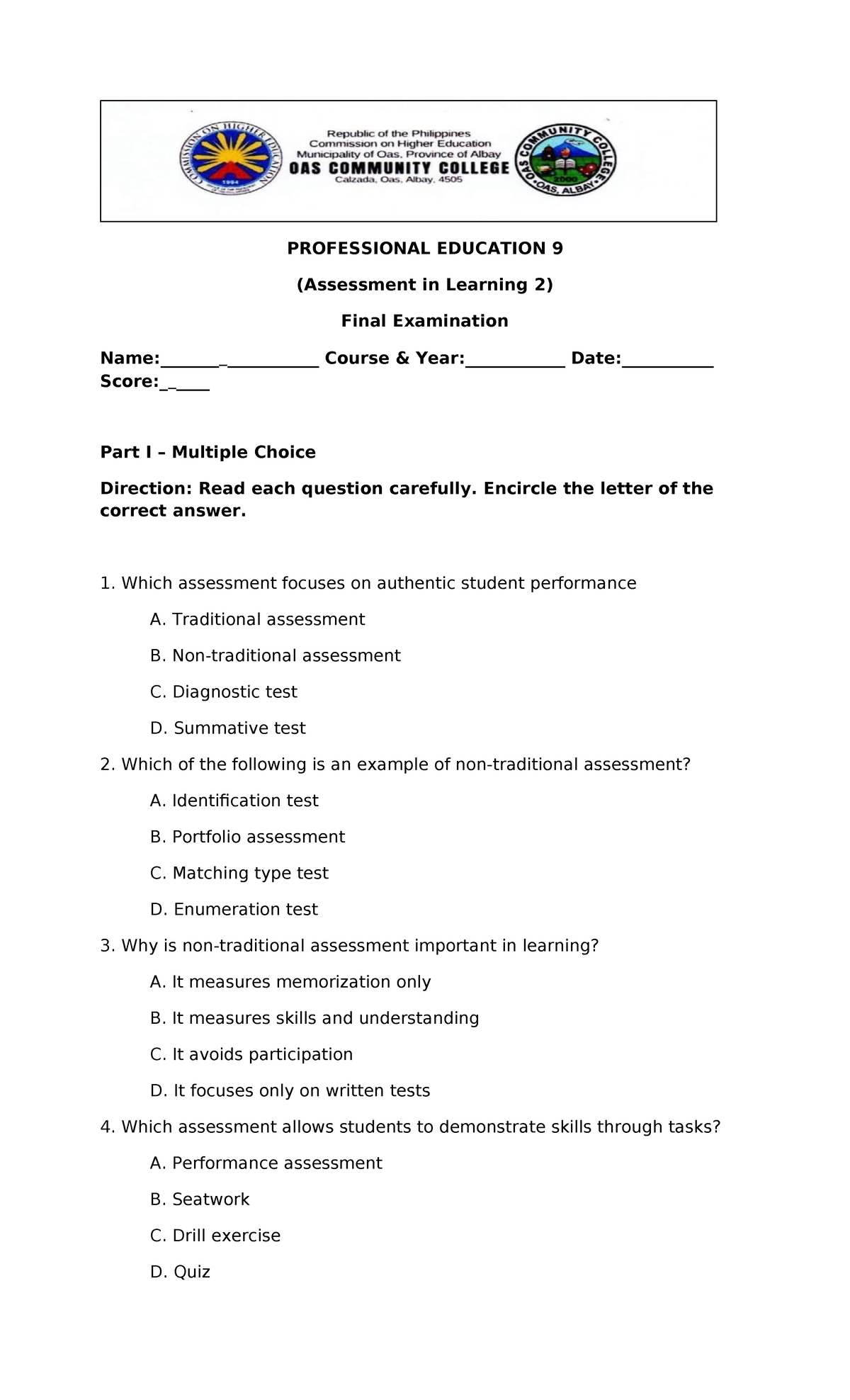 PROF-ED 9 (Assessment in Learning 2) Final Exam MCQ & Essay Guide - Studocu