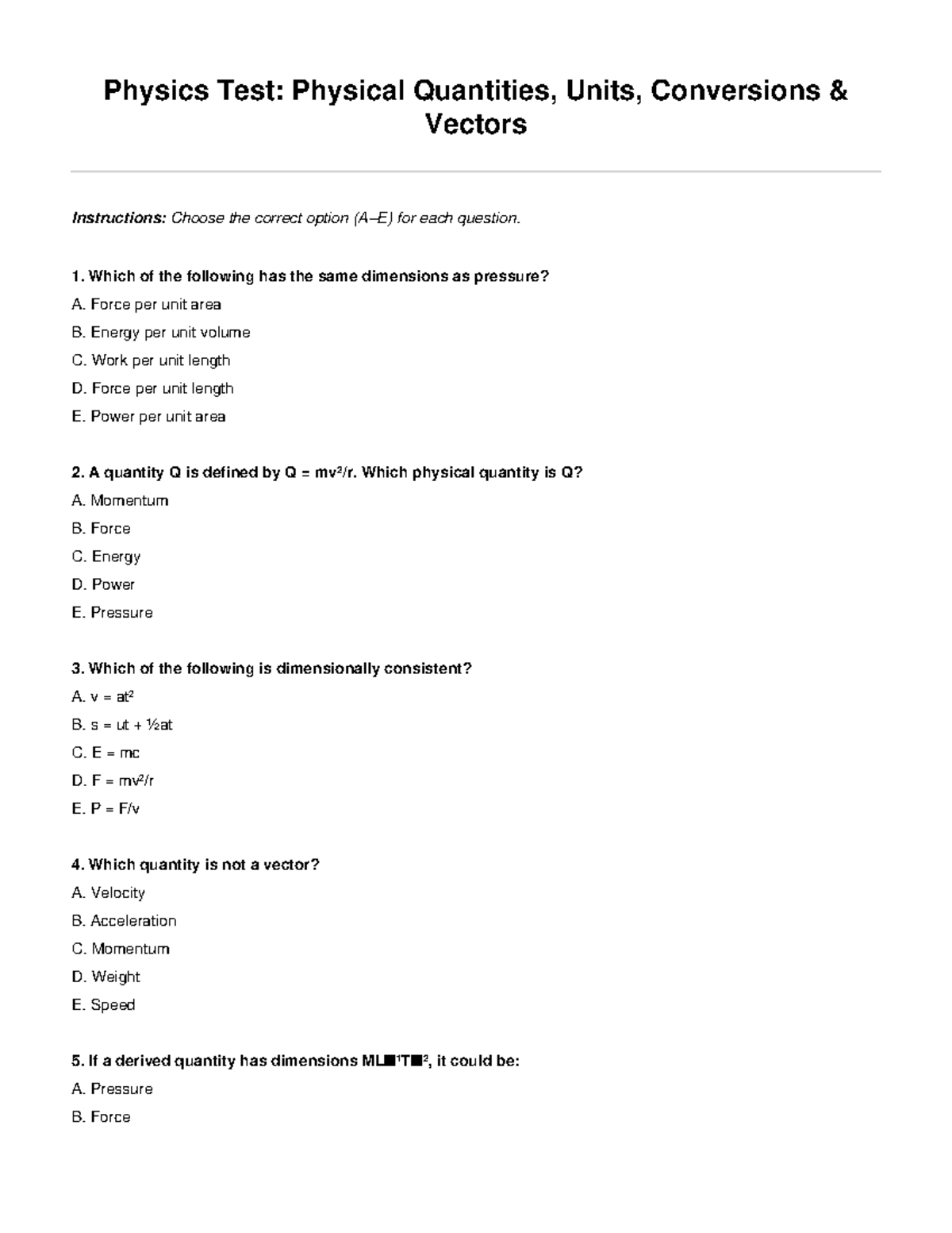 Physics Test: Physical Quantities, Units, and Vectors - Studocu
