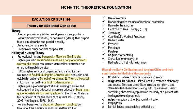 NCMA 110: Lesson 2 - Evolution of Nursing Theories and Practices - Studocu
