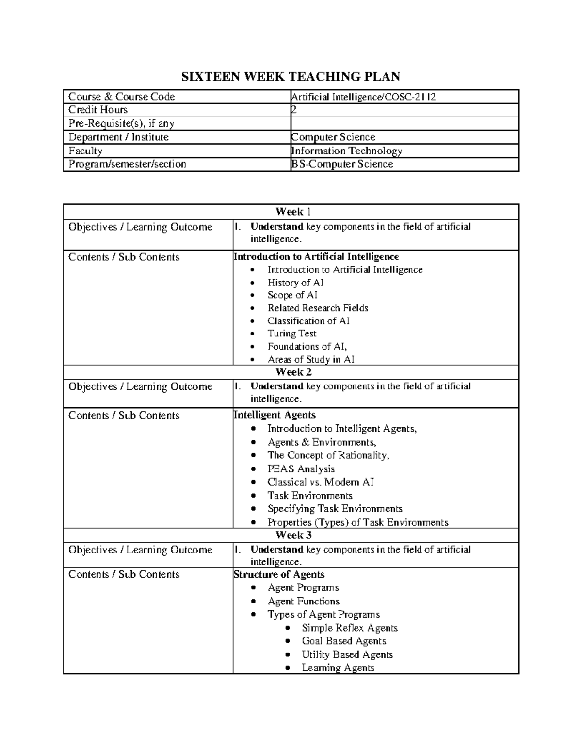 Artificial Intelligence - SIXTEEN WEEK TEACHING PLAN Course & Course ...