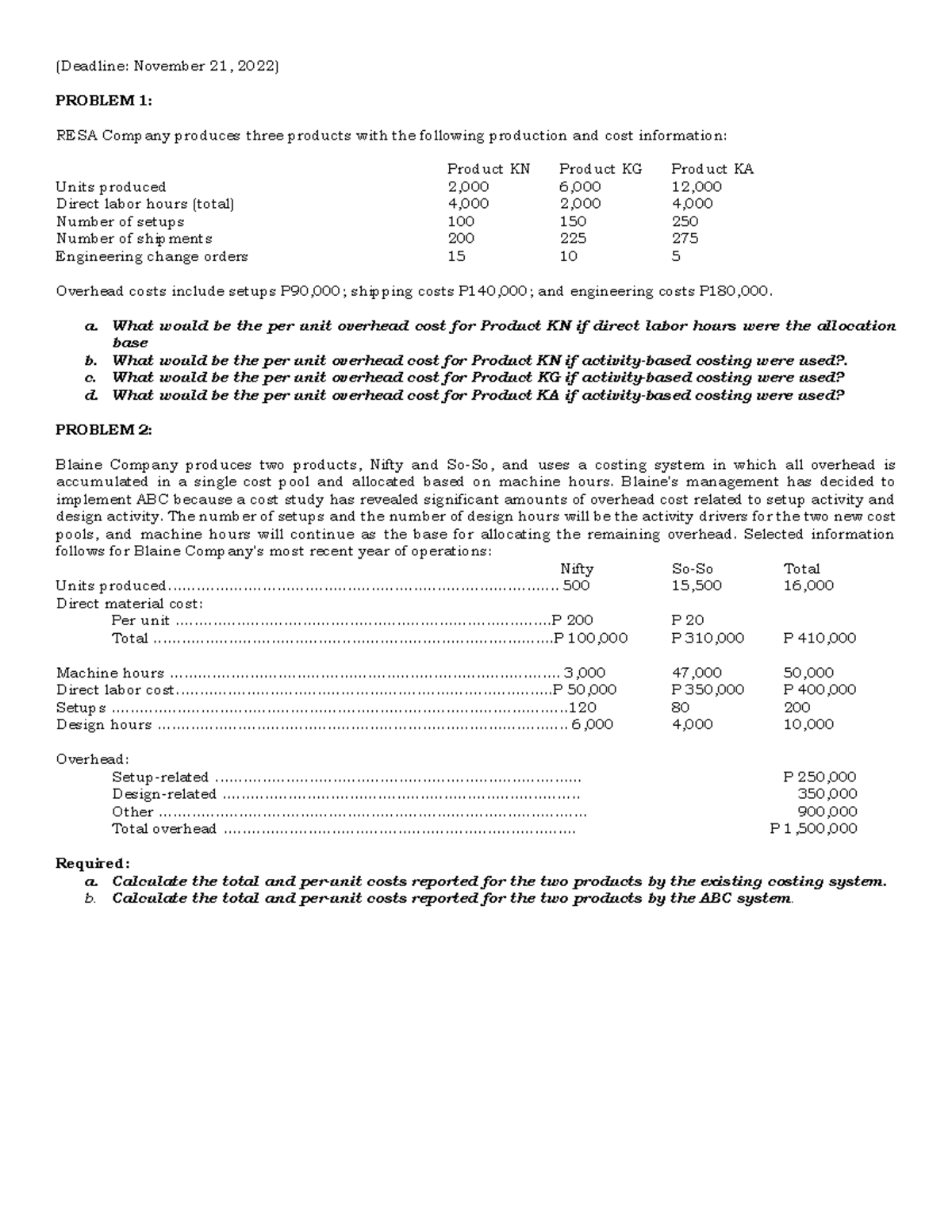 Activity-Based Costing Analysis for ABC-Due-11 Assignment - Studocu