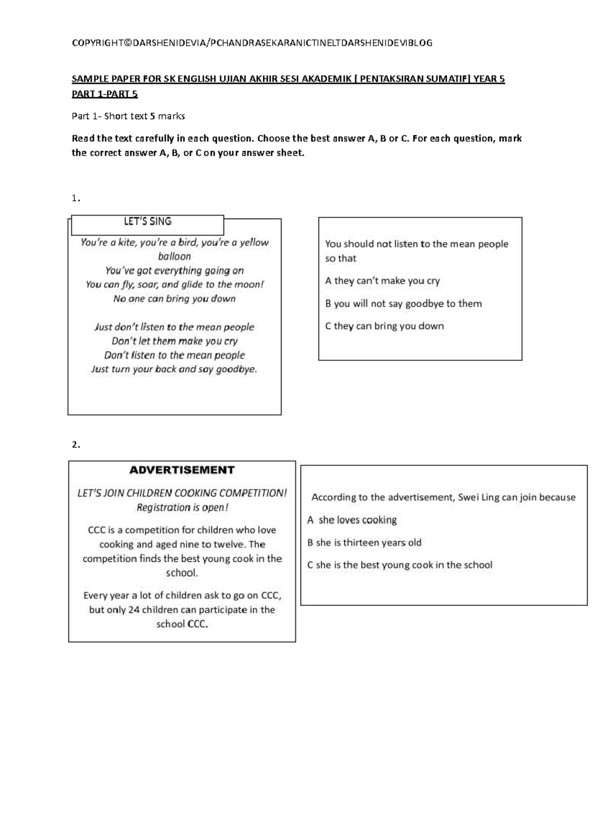SAMPLE PAPER FOR SK ENGLISH UJIAN AKHIR UASA YEAR 5 - Studocu
