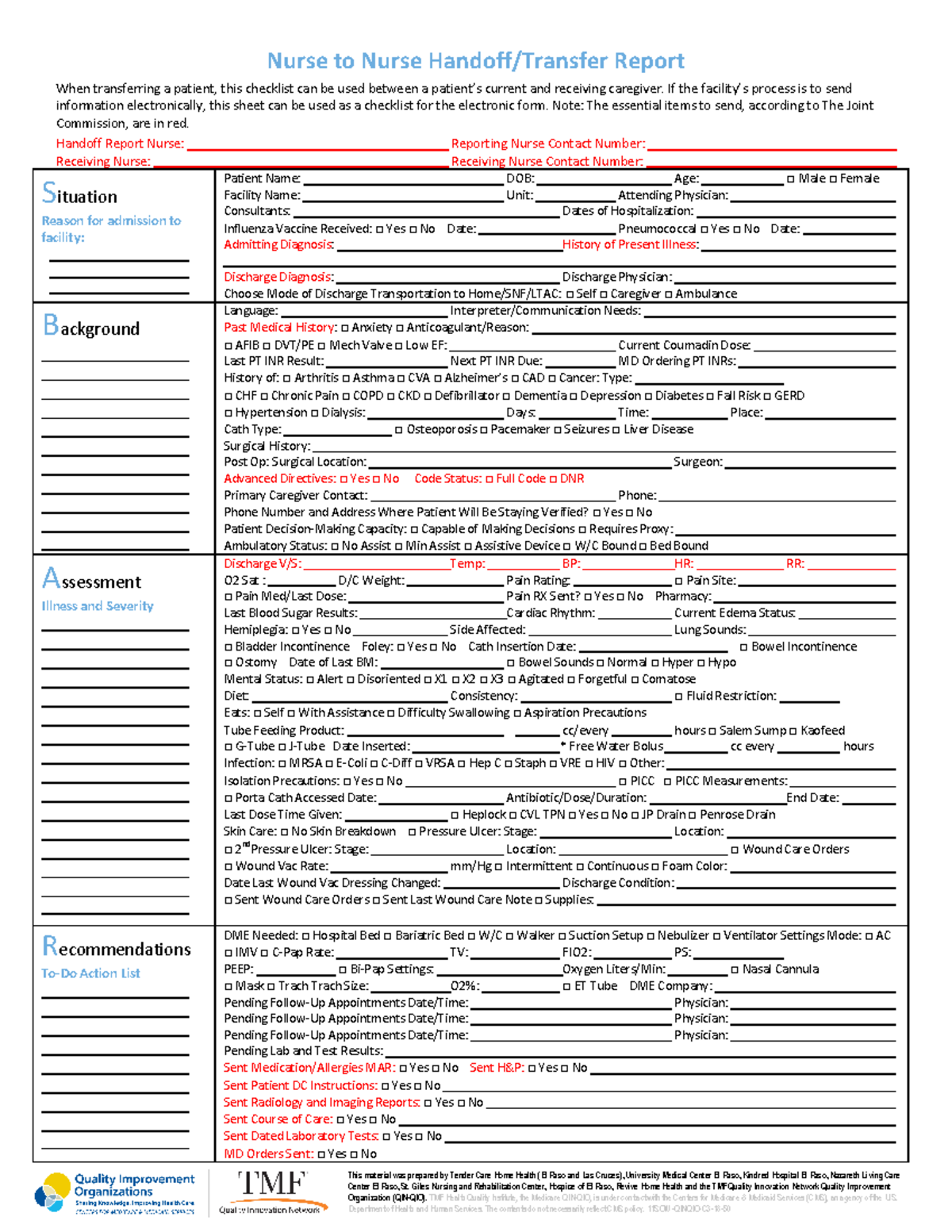 SBAR Nurse to Nurse Handoff-Transfer Report - Nurse to Nurse Handoff ...