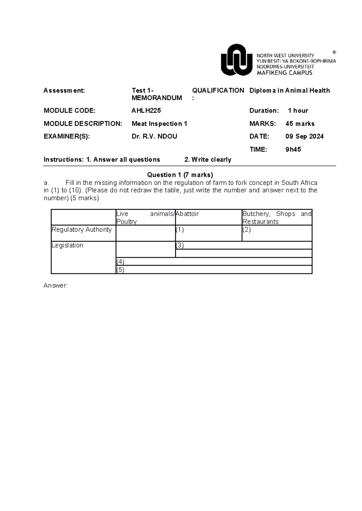 Test 1 AHLH225 - Memo for Meat Inspection Assessment - Studocu