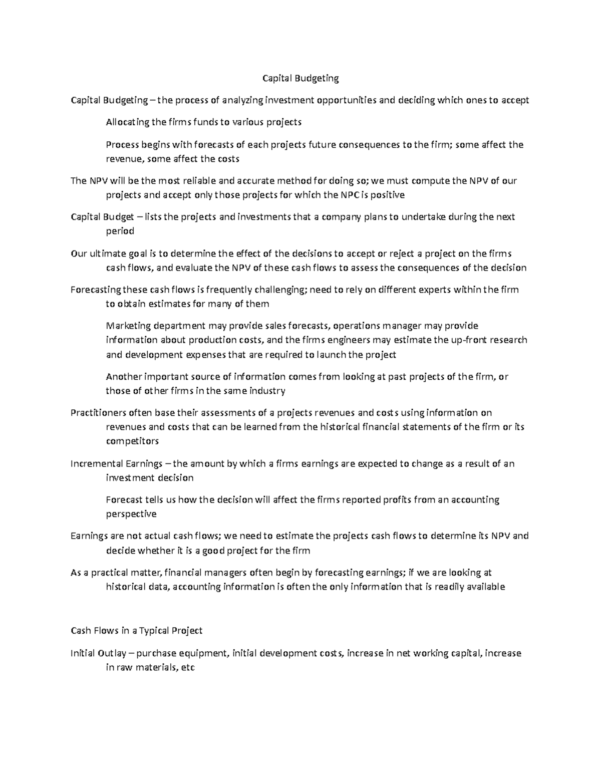 Chapter 9 Notes - Capital Budgeting Capital Budgeting – the process of ...