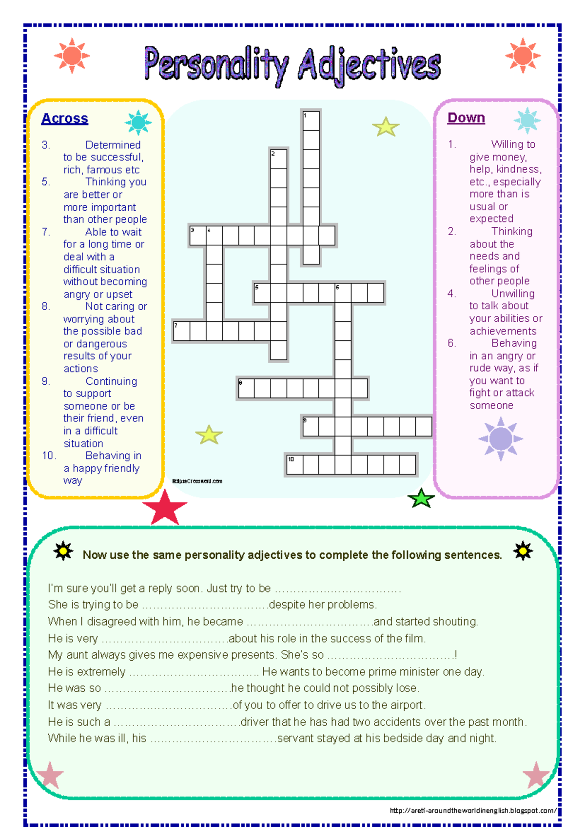 Personality Adjectives Crossword Puzzle - Trò Chơi Tiếng Anh - Studocu