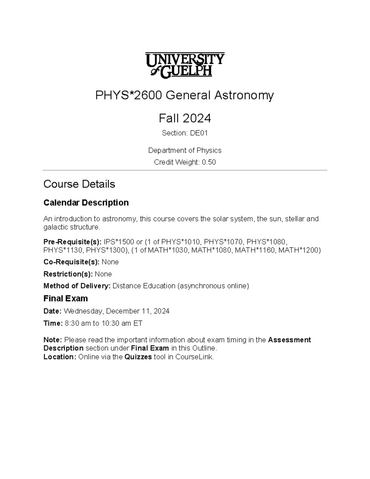 PHYS2600 DE01 F24 Final Exam Outline and Course Overview - Studocu