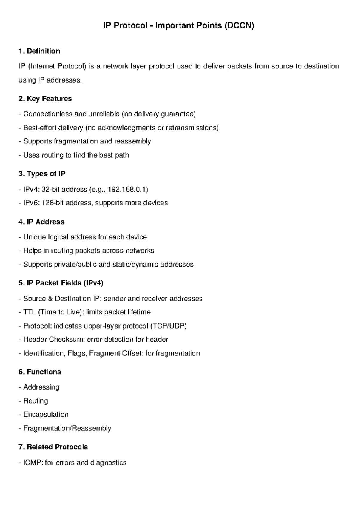 IP Protocol Key Points Overview (DCCN) - Studocu