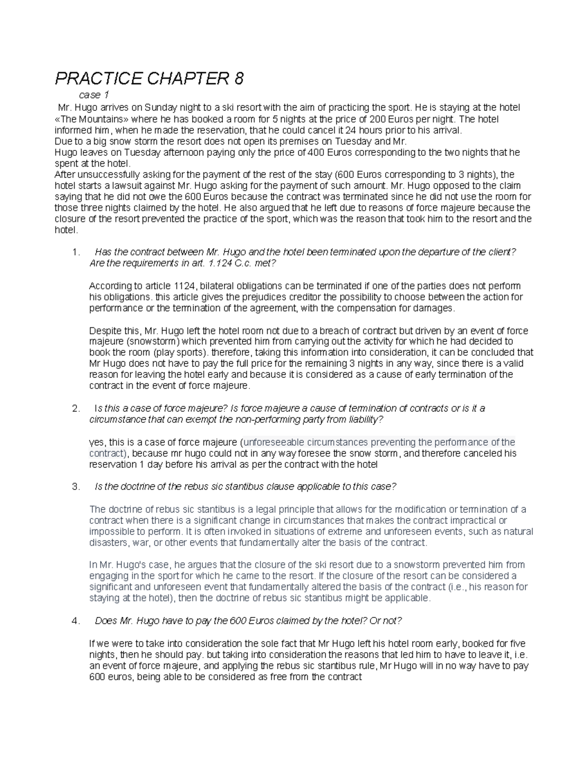 Practice Case Studies in Contract Law: Chapters 8 & 9 Examination - Studocu