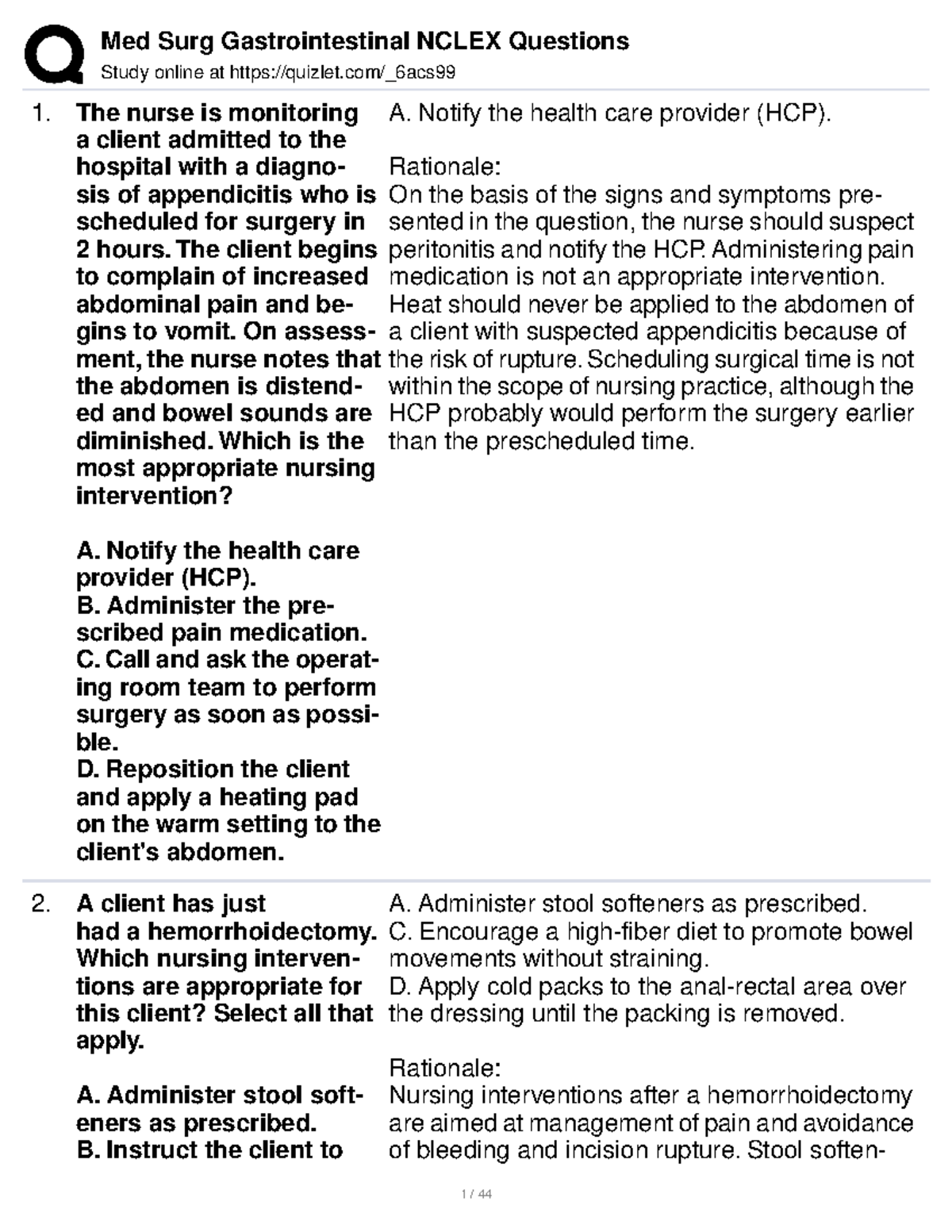 Gastrointestinal Nursing Practice Questions & Answers (GNR 750) - Studocu