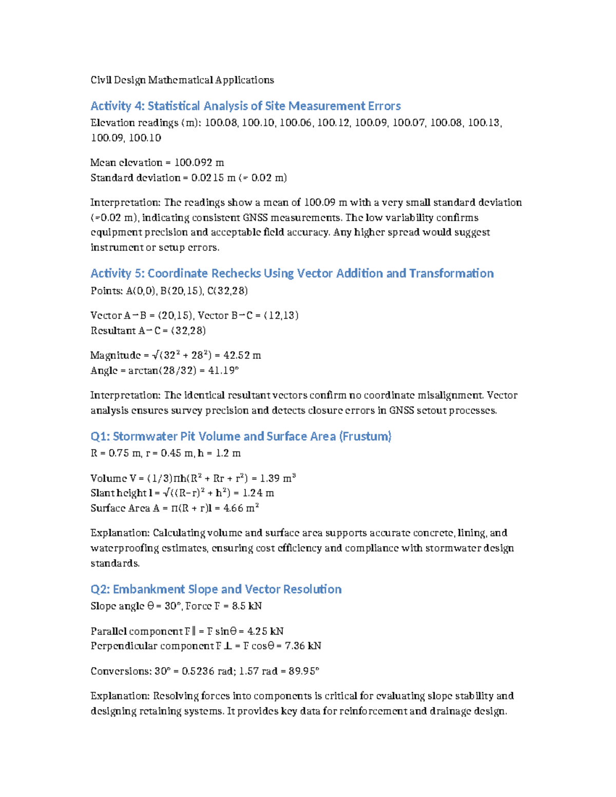 Civil Design Math Report: Statistical Analysis & Vector Applications ...