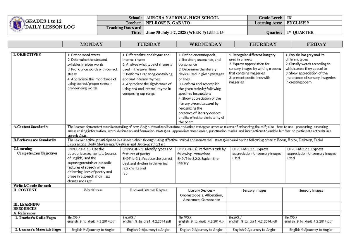 DLL English 9 Q1 W3 - Daily Lesson Log for 1st Quarter - Studocu
