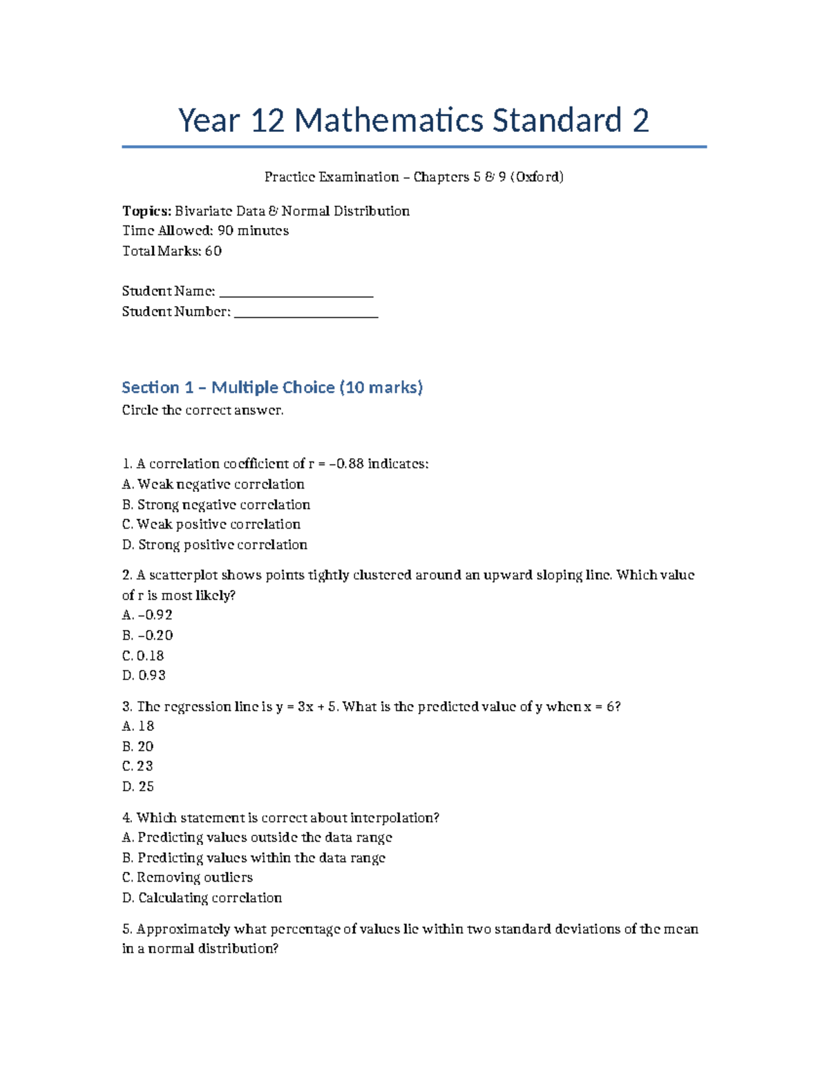 Year 12 Mathematics Standard 2 Practice Exam: Chapters 5 & 9 Review ...