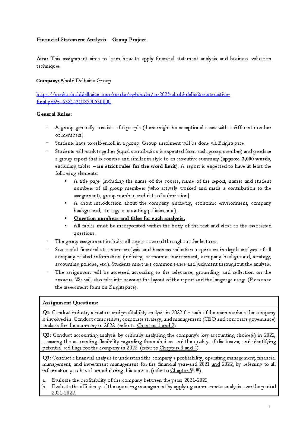 FSA 2022-2023 Group Project: Financial Statement Analysis for Ahold ...
