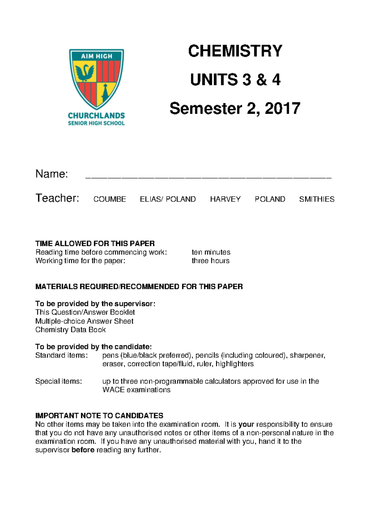 Chemistry Units 3 4 Exam Paper - Semester 2, 2017 - Studocu
