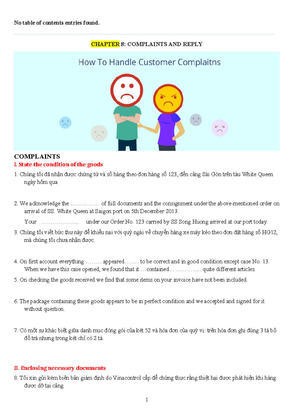 CHAP8: Complaints and Reply - Handling Issues in Shipping - Studocu