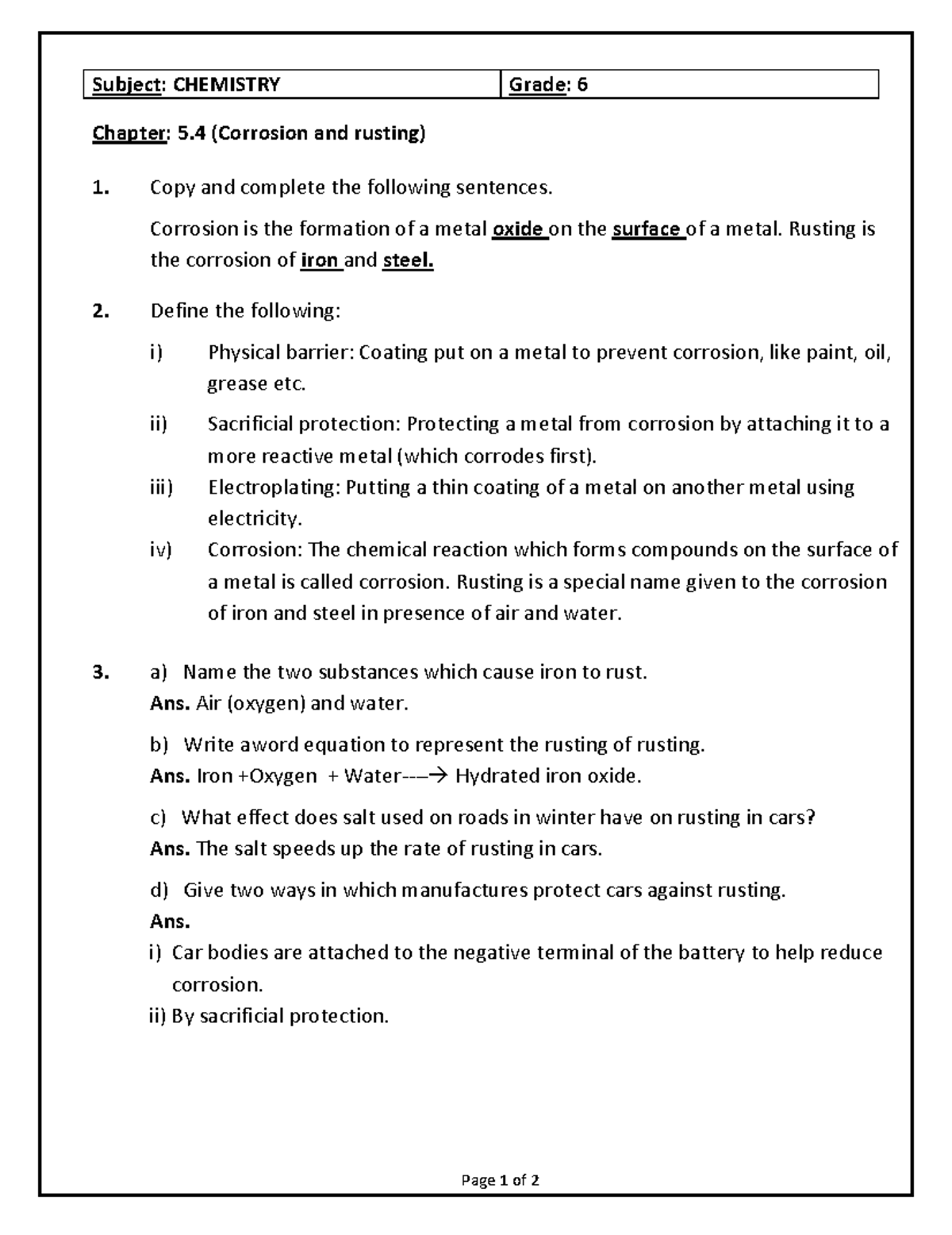 Chemistry Worksheet Grade 6: Chapter 5.4 - Corrosion & Rusting - Studocu