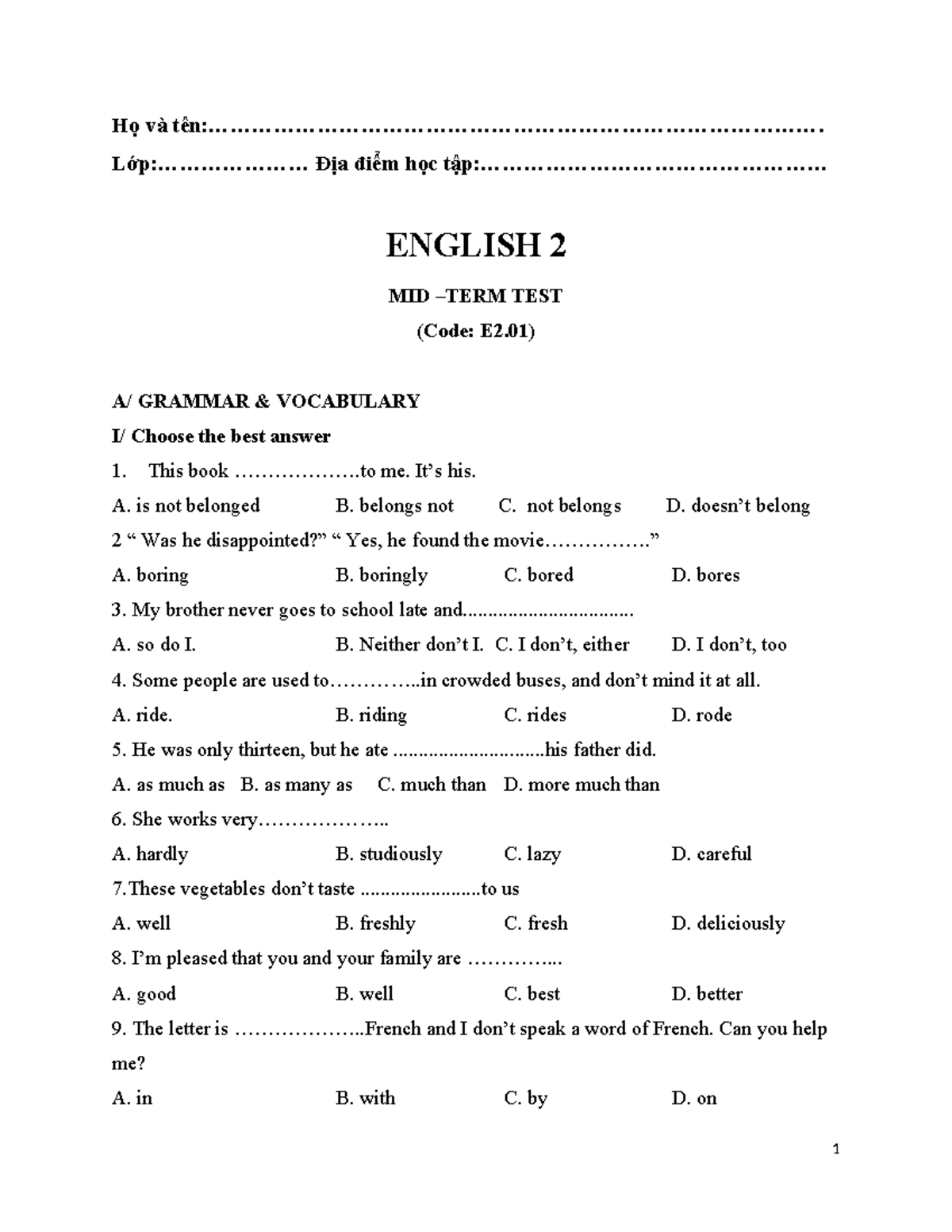 ENGLISH 2 - MID-TERM TEST (Code: E2) - Grammar & Vocabulary - Studocu