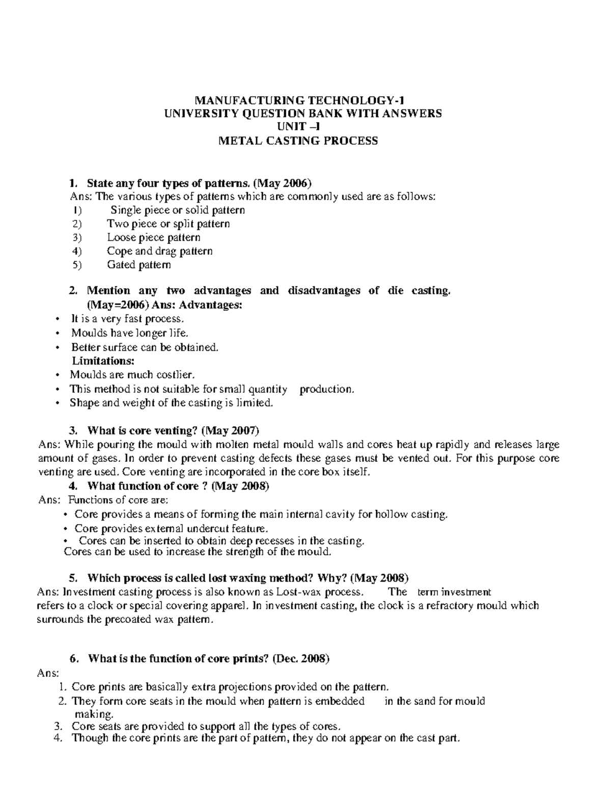 Manufacturing Technology Quiz Questions on Metal Forming (MT101) - Studocu
