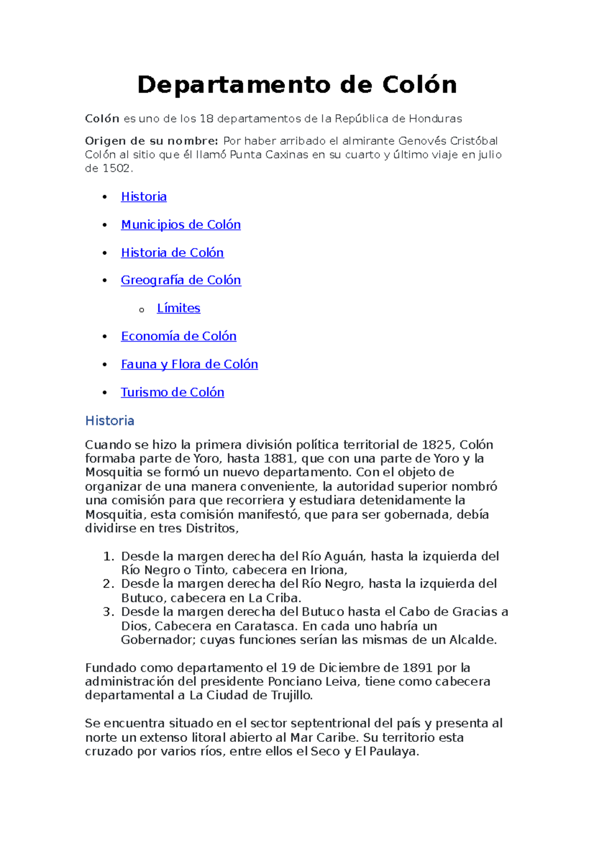 Historia y Geografía del Departamento de Colón en Honduras - Studocu