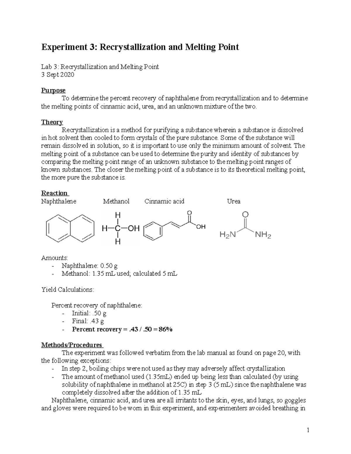 Chem253 Lab 3: Recrystallization and Melting Point Results - Studocu