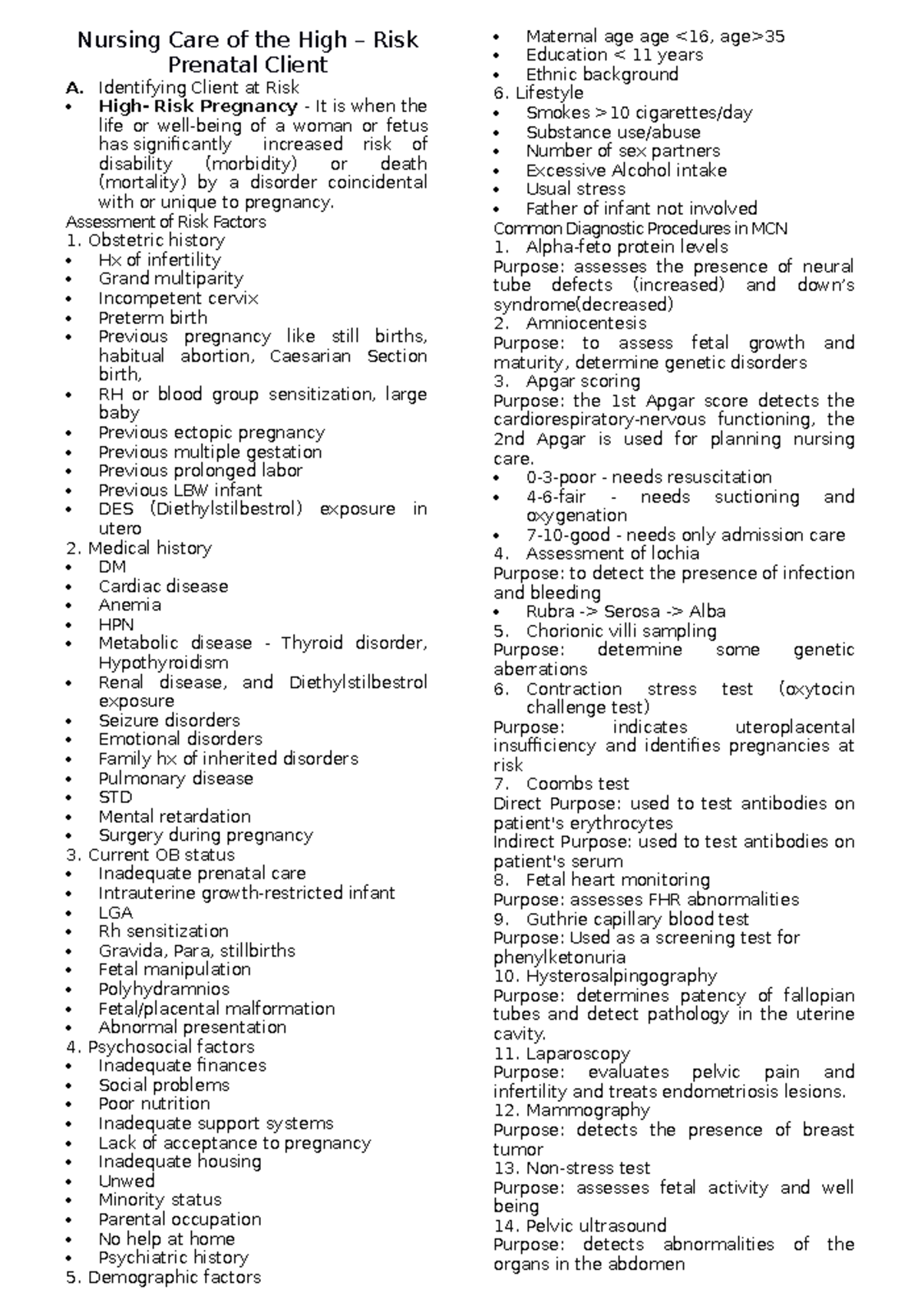 High-Risk Pregnancy: Maternal Lecture Notes for Nursing Care - Studocu
