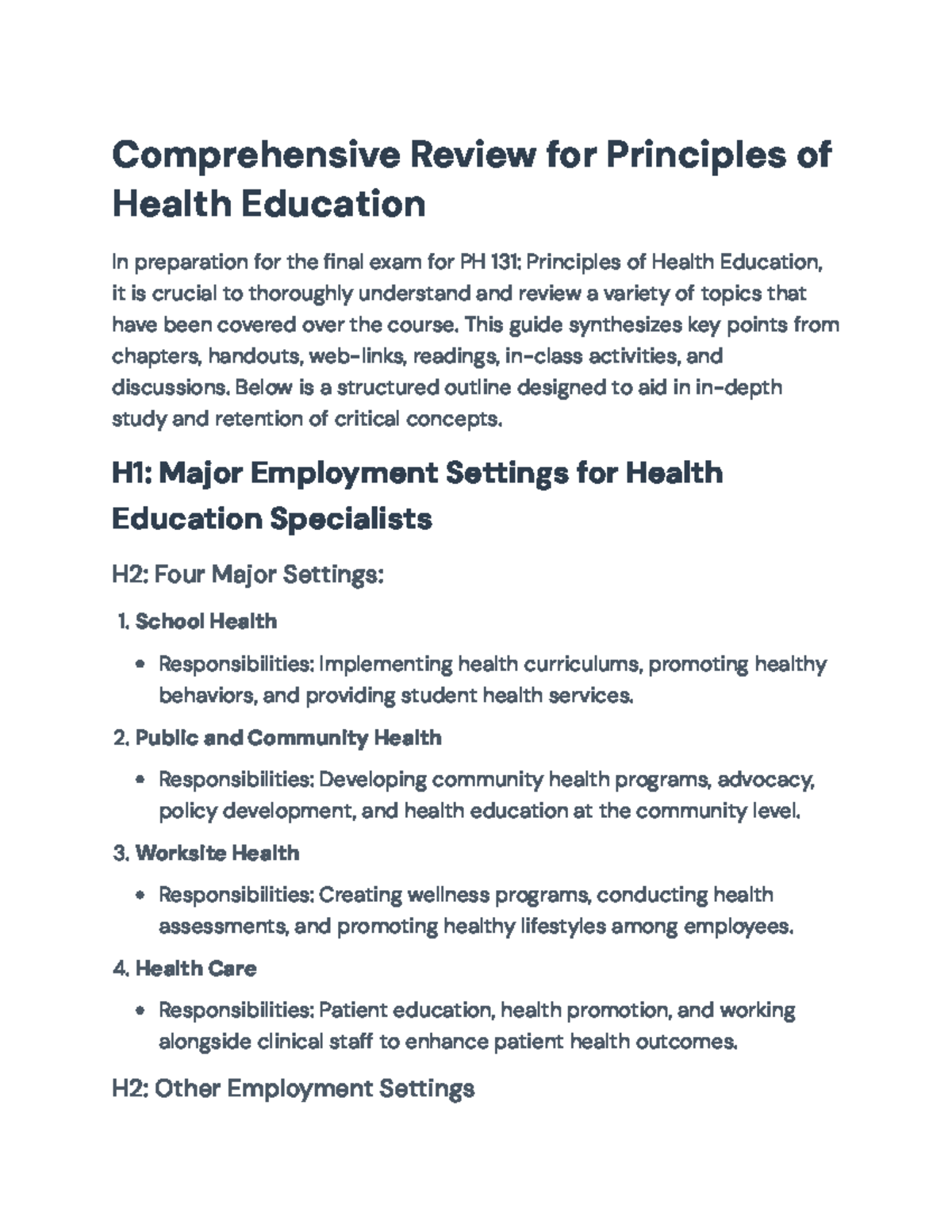 Final Exam Study Guide for PH 131: Principles of Health Education ...
