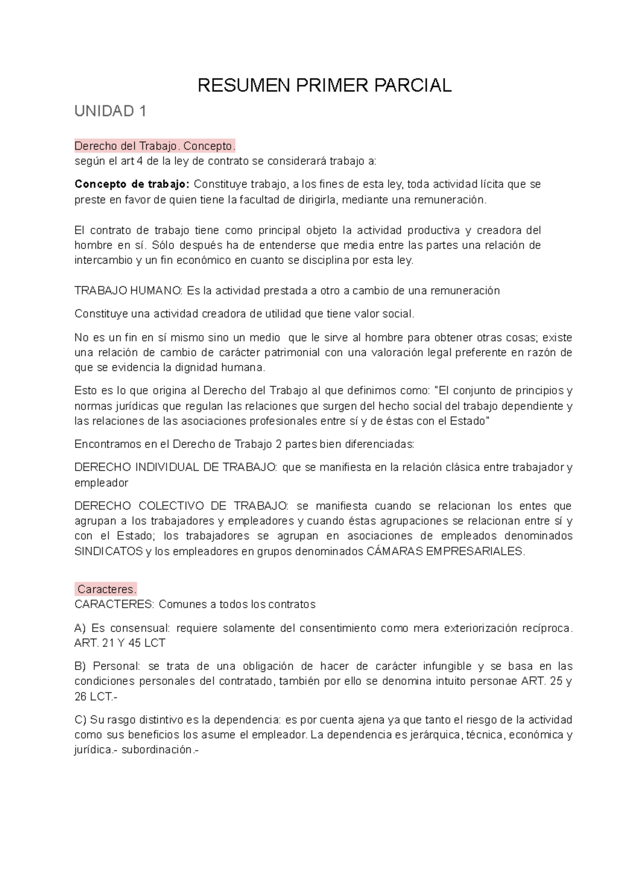 Resumen Primer Parcial Unidad 1 - Derecho Laboral (LCT) - Studocu