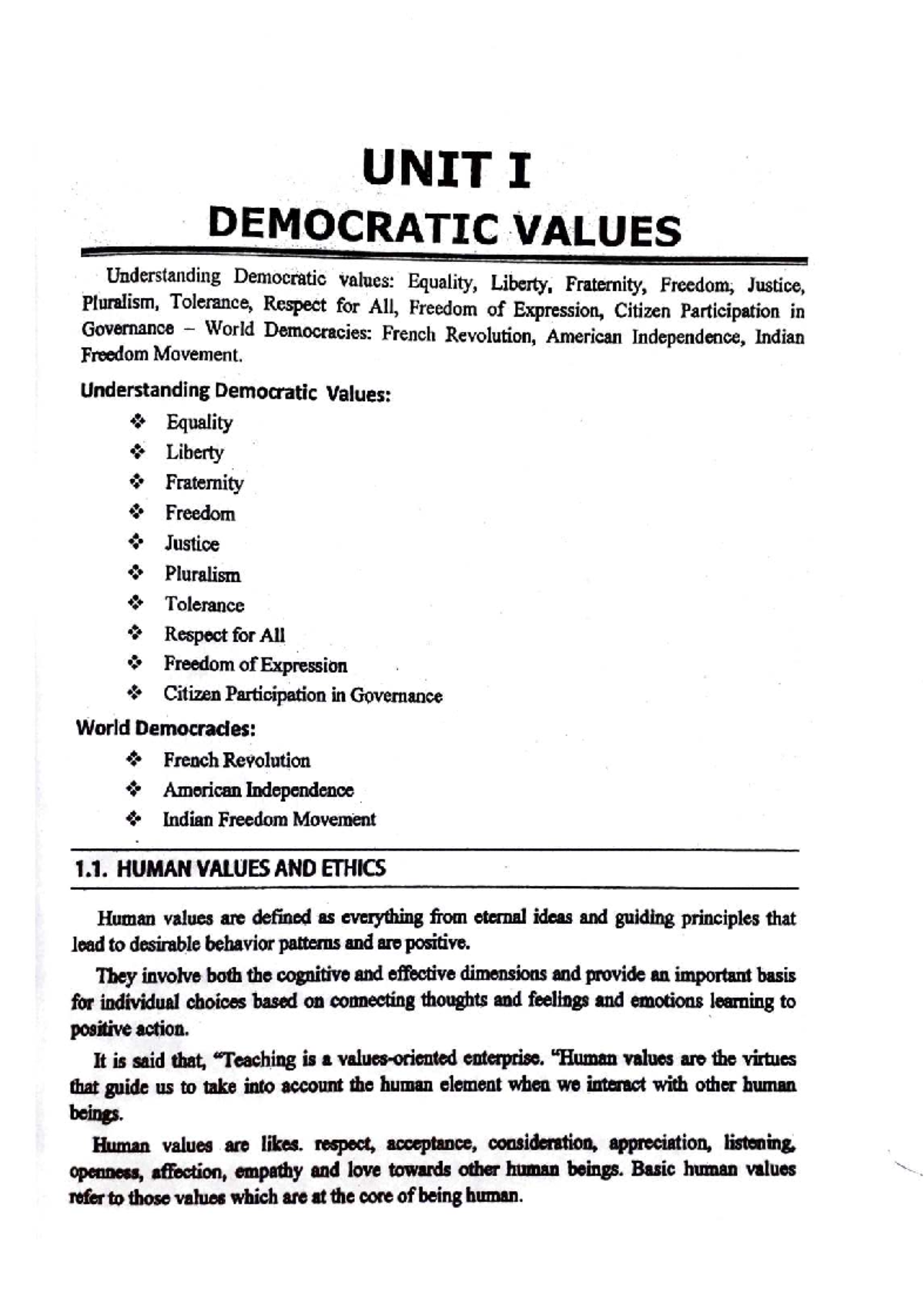 Unit I - Democratic Values: Understanding Human Values and Ethics - Studocu