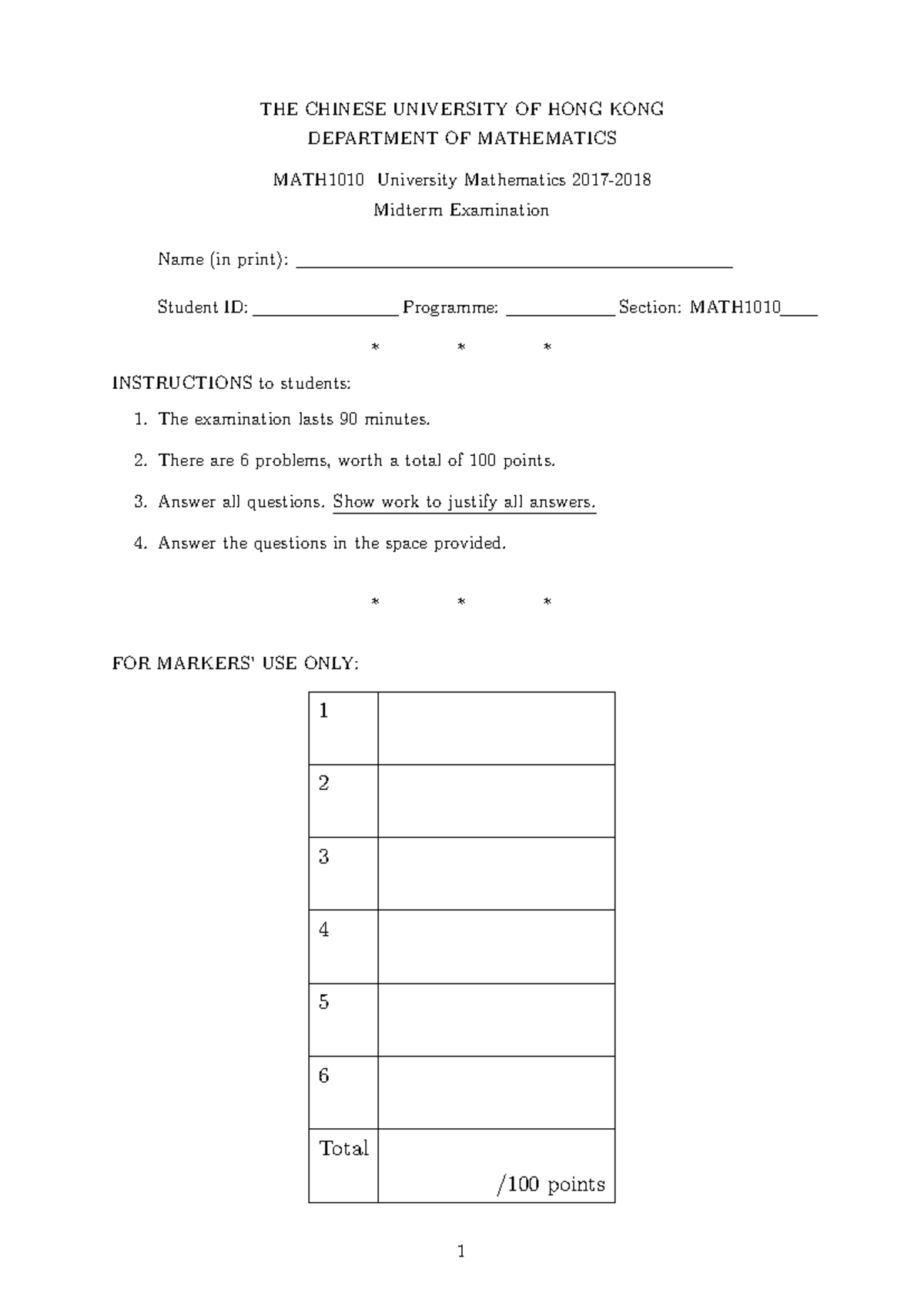 MATH1010 Midterm Exam November 2017: Answer Guide - Studocu