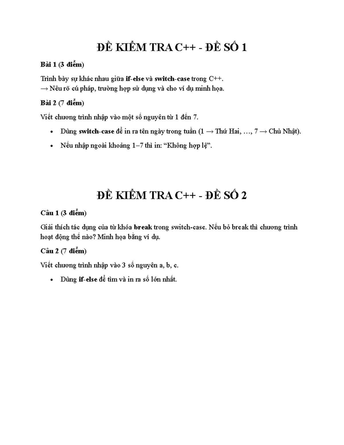 ĐỀ THI 1 TIẾT C++ 1: Kiểm Tra Kiến Thức và Bài Tập Thực Hành - Studocu