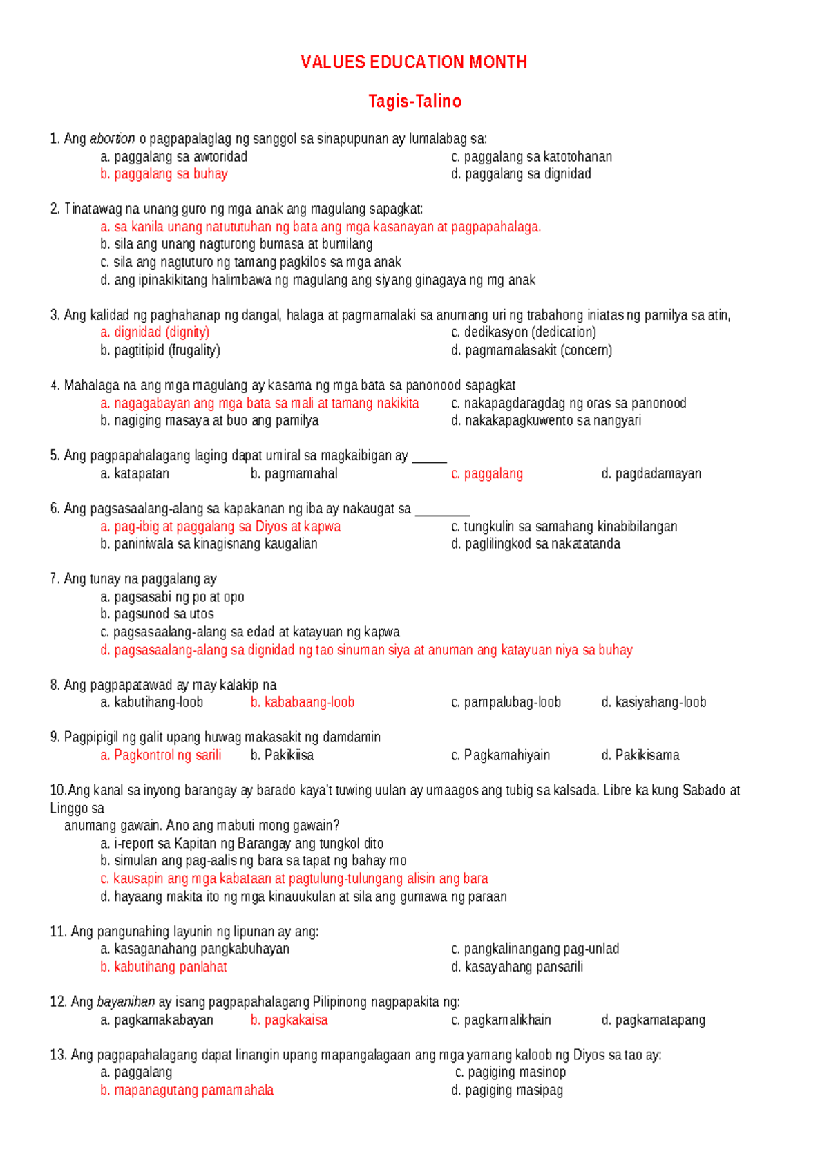 REVIEWER FOR ESP: VALUES EDUCATION - Month Overview and Activities ...