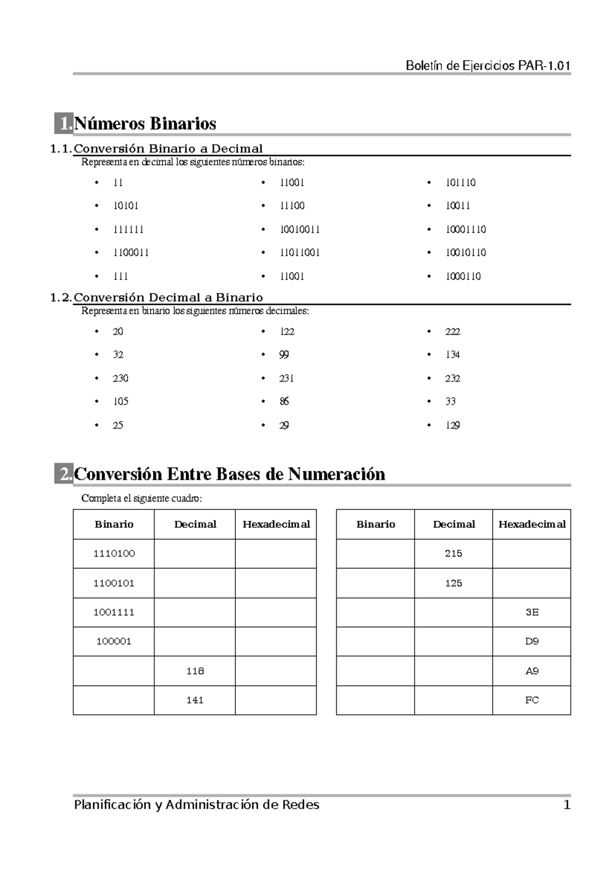 PAR-1 - Práctica: Ejercicios de Conversión entre Binario, Decimal y Hexadecimal - Document Preview
