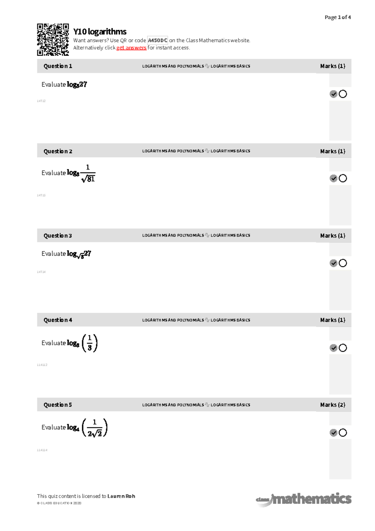 Y10 Mathematics Quiz: Logarithms and Polynomials - Studocu