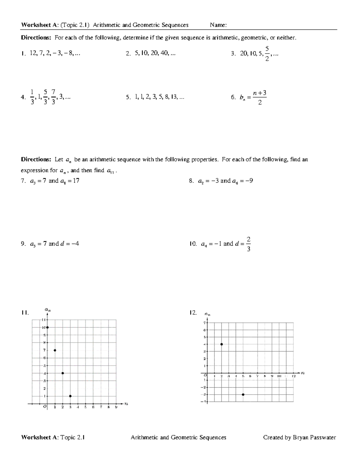 Practice Worksheet A: Topic 2.1 on Arithmetic & Geometric Sequences ...
