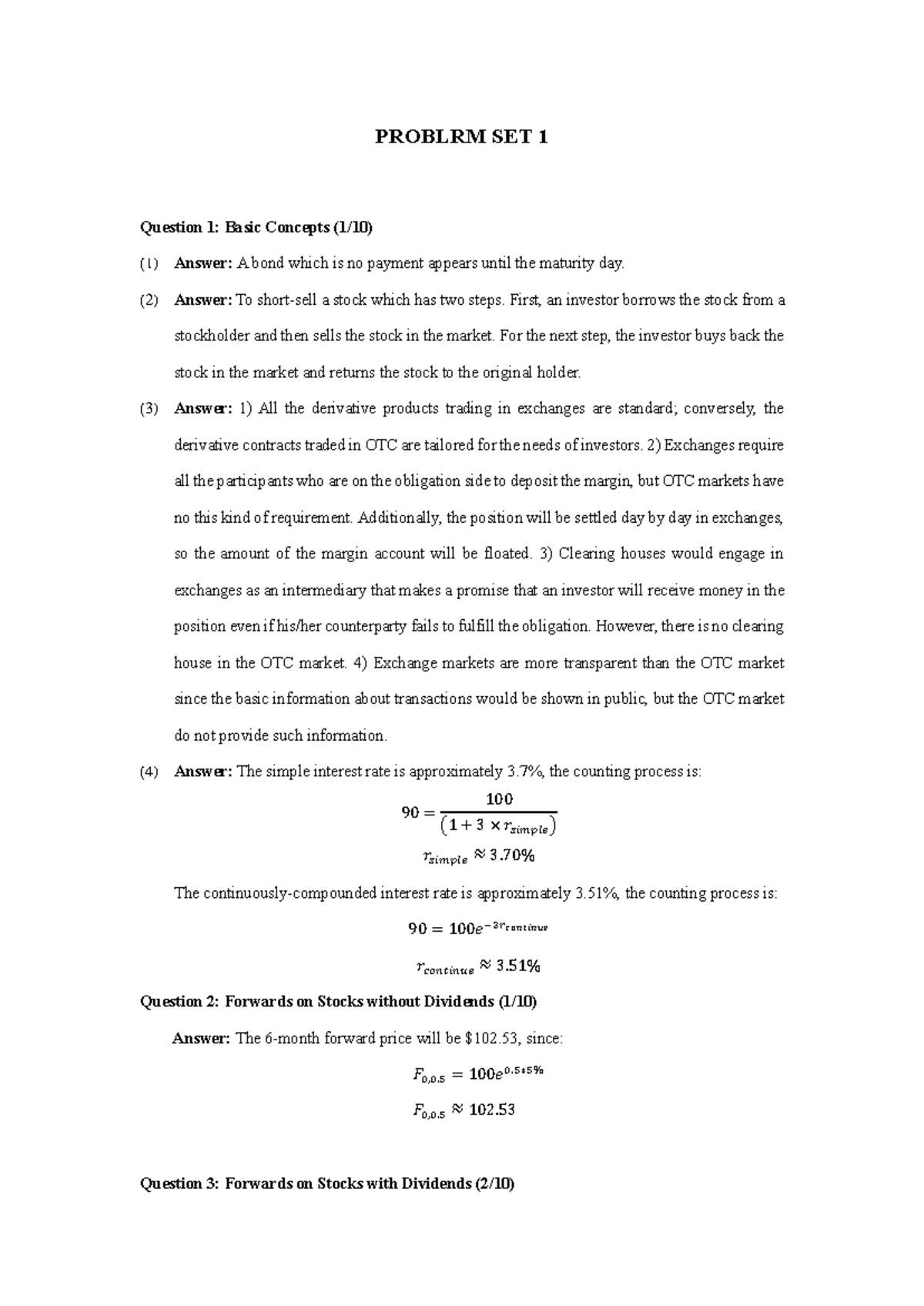 Financial Derivatives: Problem Set 1 Solutions (FIN 101) - Studocu