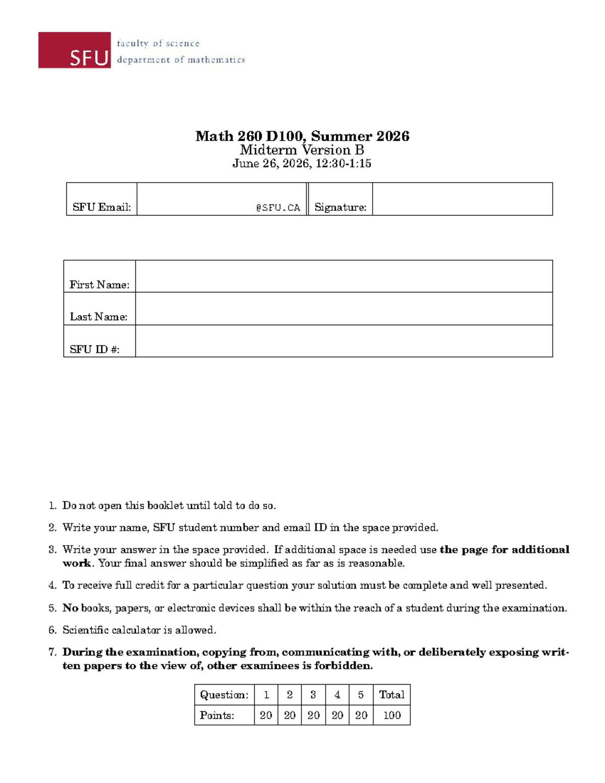 Math 260 D100, Summer 2026 Midterm Exam Version B - Studocu